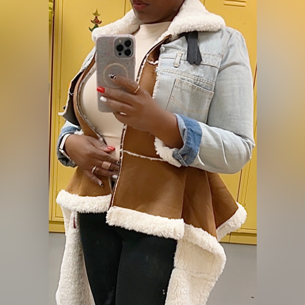 Faux shearling, peplum sides, denim sleeves